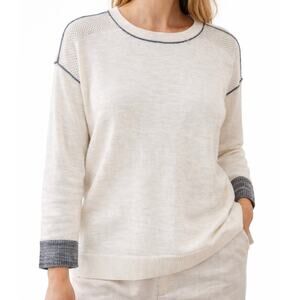 Talbots Cream Knit Sweater XL Petite Contrast Trim Lightweight Pullover Minimal